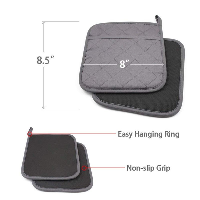 YEKOO 2 PCS Gray Pot Holders Sets for Kitchen Heat Resistant Oven Hot Pads with Pockets Non Slip Soft Grip Potholders for Baking Cooking 8"x8.5" - Image 2